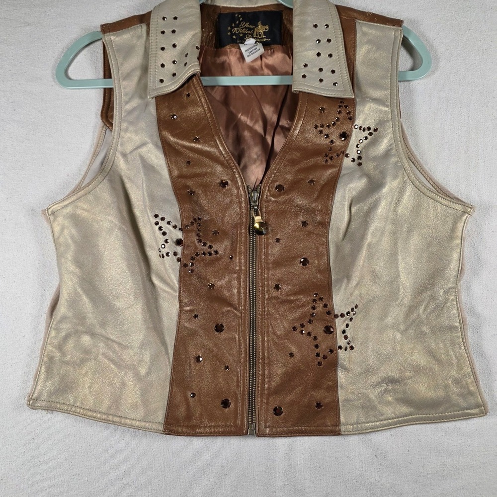 Vintage 80s Metallic Bronze Leather Rhinestone Star Vest Western Rock Zip sku423